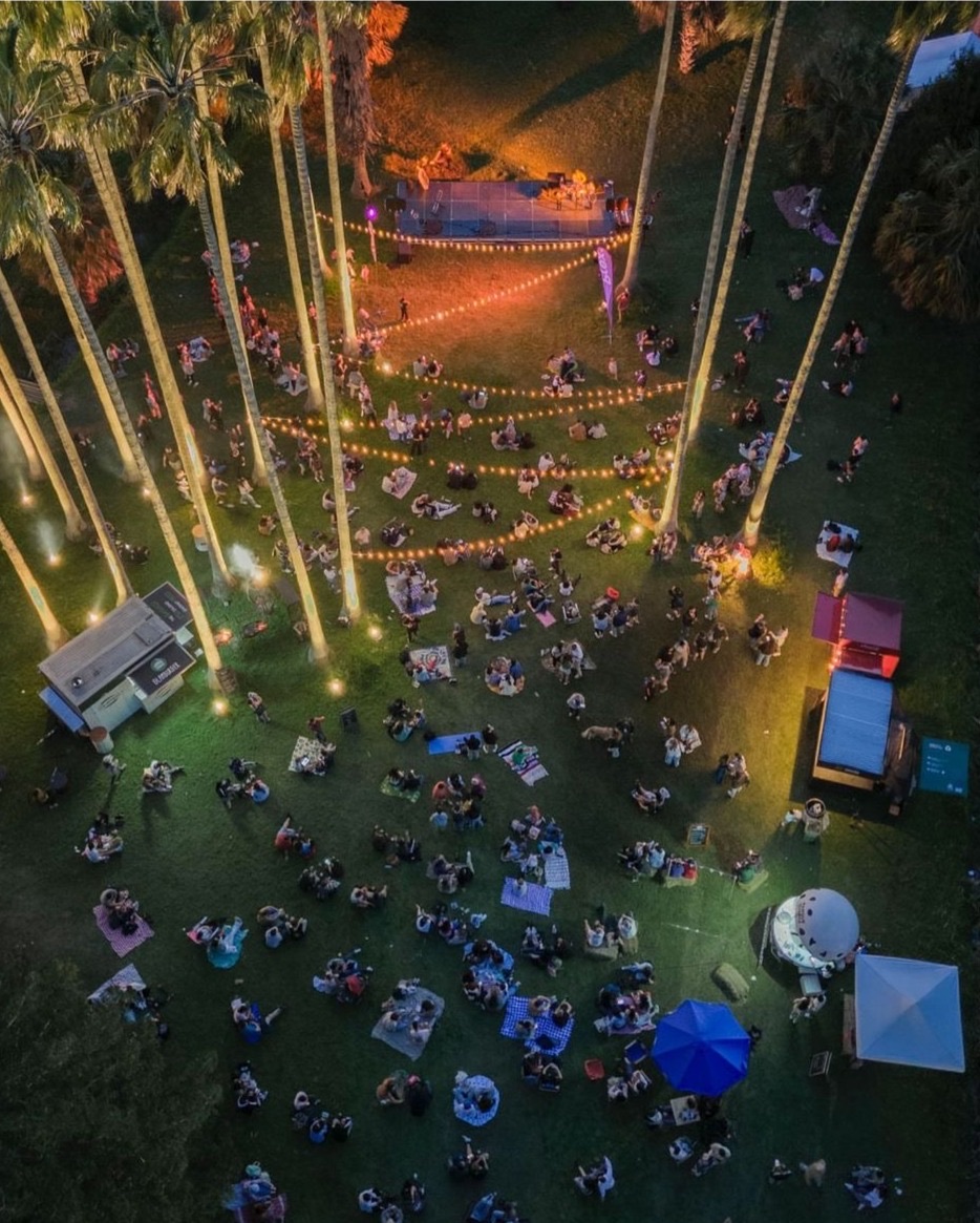 Vista drone nocturna: líneas de guirnaldas sobre picnic masivo